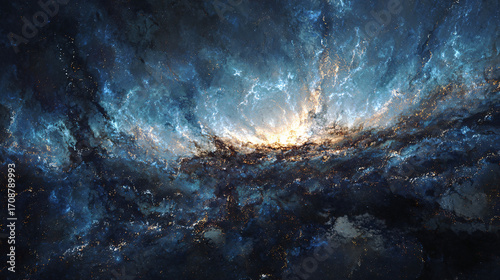 an ethereal digital art piece featuring an abstract background of cosmic patterns, resembling the intricate webwork and veins found in marble, with glowing threads connecting vibrant purples, blues, g