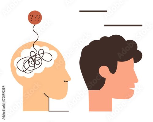 Two human profiles, one transparent showcasing a tangled brain with question marks, representing confusion. Ideal for psychology, mental health, communication, problem-solving, brainstorming