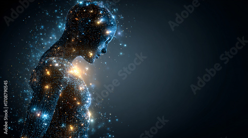 a glowing figure in profile, composed of stars, in a digital art style