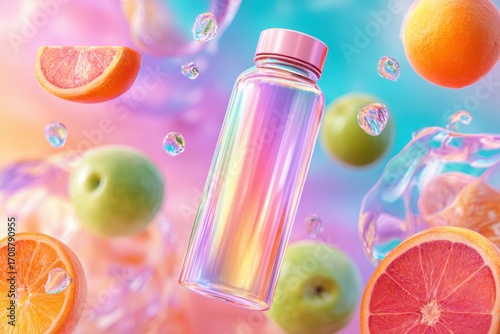 Fototapeta Naklejka Na Ścianę i Meble -  Colorful water bottle with fruits and bubbles