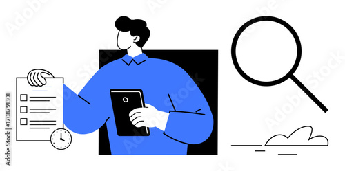 Man holding a tablet and checklist, clock emphasizing time, large magnifying glass indicating focus. Ideal for productivity, organization, time management, analysis, planning, focus prioritization