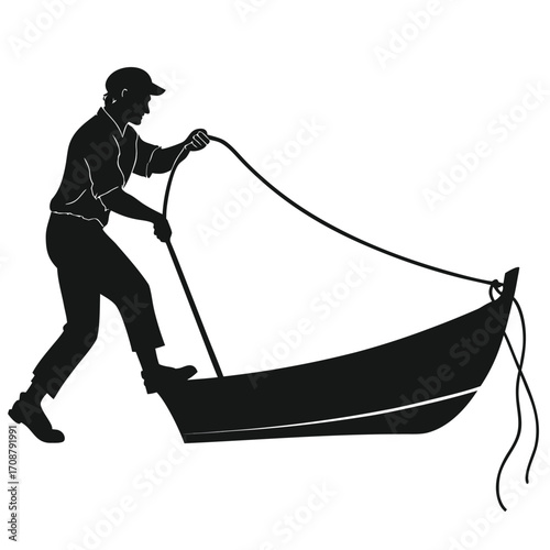 Man pulling fishing boat rope