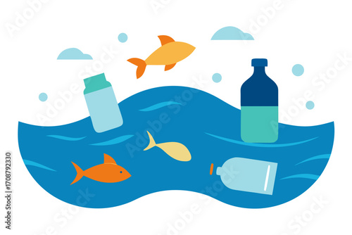 Illustration of plastic pollution in the ocean, bottles, containers, fish swimming amidst the waste