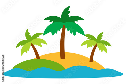 A tropical island three palm trees, a sandy beach, blue water, , a serene scene