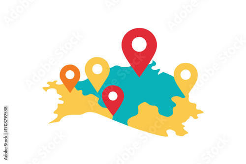 Colorful map of a region location markers, representing destinations geographic information