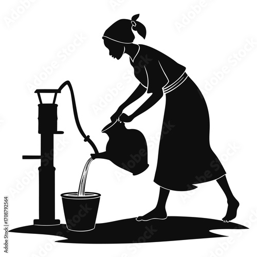Woman filling clay pot with water