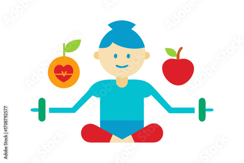 A woman in a lotus position an orange, apple, dumbbells, representing health wellness