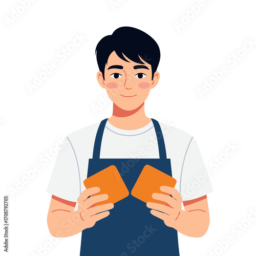 A cheerful baker in a blue apron holds two goldenbrown slices of toast, ready to serve a warm smile