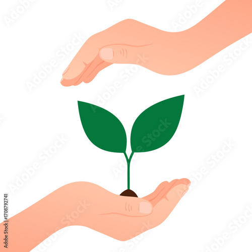 Hands gently protect a small green plant seedling growing soil, , symbolizing care growth