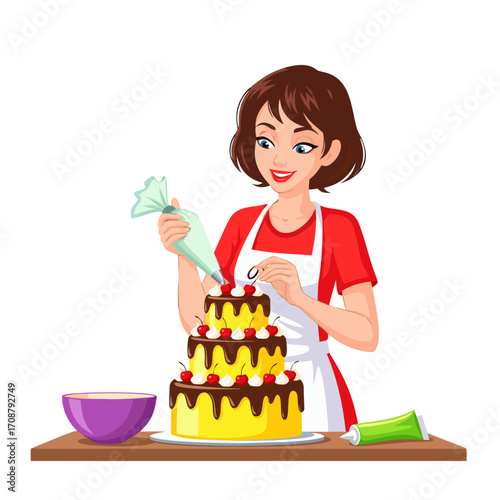 A woman in a red shirt white apron is decorating a threetiered cake cherries chocolate frosting