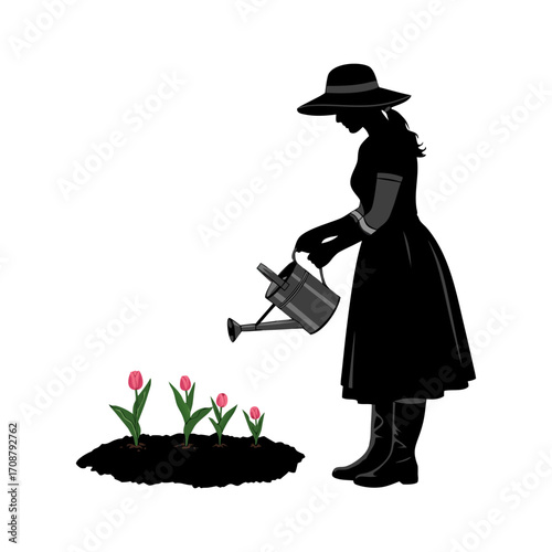 Silhouette of a woman in a dress hat watering flowers a watering can in a garden