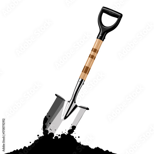 A shiny silver shovel a wooden handle digs into a pile of dark soil, , a contrast