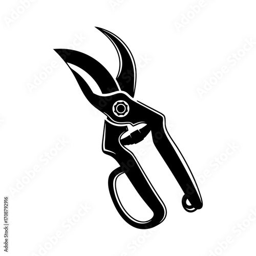 Black white illustration of a pair of pruning shears, a gardening tool for trimming plants