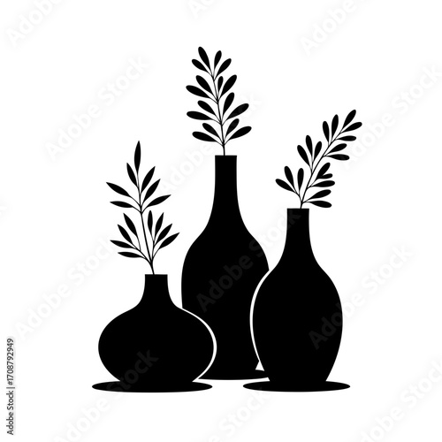 Elegant silhouette of three vases leafy sprigs, a minimalist serene botanical arrangement
