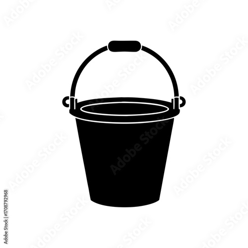 Black white illustration of a bucket a handle, , its simple functional design