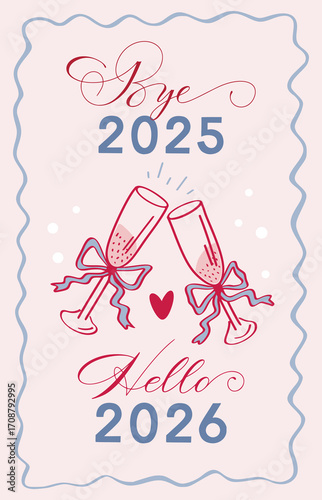 Retro vintage print in coquette core style. Ready print for Christmas poster, greeting card, placard. Hand drawn drawing for xmas time with elegance calligraphy slogan and champane glasses.