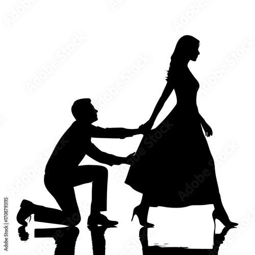 Silhouette of a man kneeling reaching for a woman walking away, symbolizing relationship issues