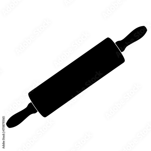 A black rolling pin, diagonally oriented, handles on both sides of the cylindrical body