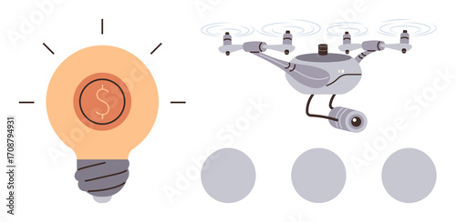 Money-lightbulb symbolizing profitable ideas, surveillance quadcopter with attached camera. Ideal for creativity, technology, security, innovation, finance, futuristic concepts progress. Simple flat