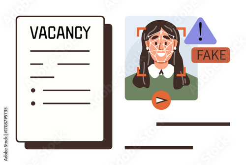 Job vacancy document and candidate photo with facial recognition scan, fake alert warning, and play icon. Ideal for recruitment, AI detection, cybersecurity, fraud prevention, HR, technology simple