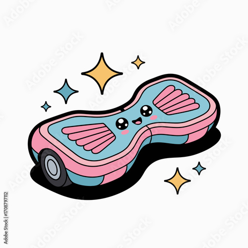 Cute kawaii hoverboard with happy face and sparkles