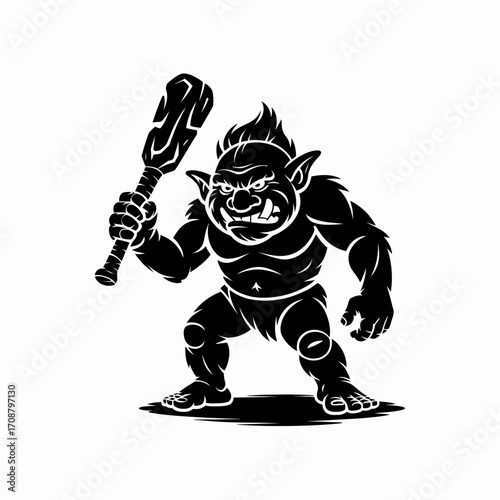 Fierce troll character illustration holding a wooden club