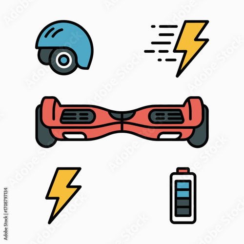 Set of icons representing hoverboard riding and technology