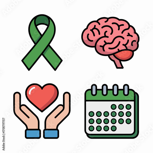 Mental health awareness icons featuring brain heart ribbon and calendar
