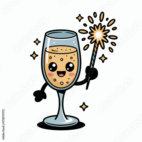Cute champagne glass character holding a sparkler with stars