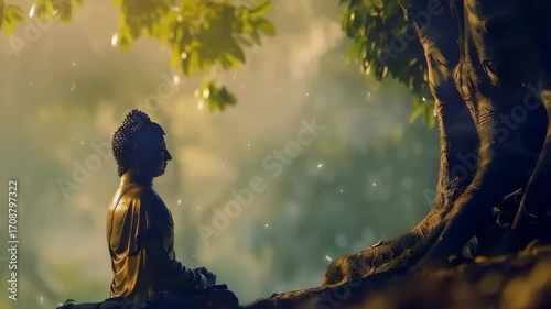 Statue of meditating Buddha under Bodhi tree in green and golden tones. Glowing particles floating around. Peaceful Buddhism scene, spiritual meditation video for Buddha Purnima.