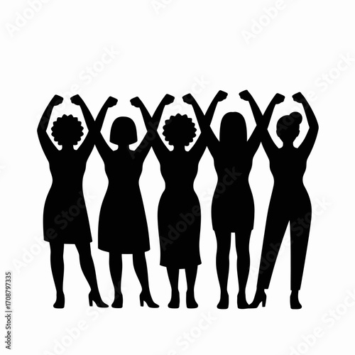 Silhouette of five women with arms raised in solidarity and empowerment