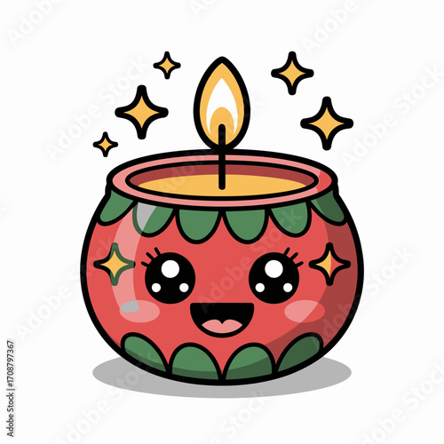 Cute kawaii diya candle with sparkles and happy face