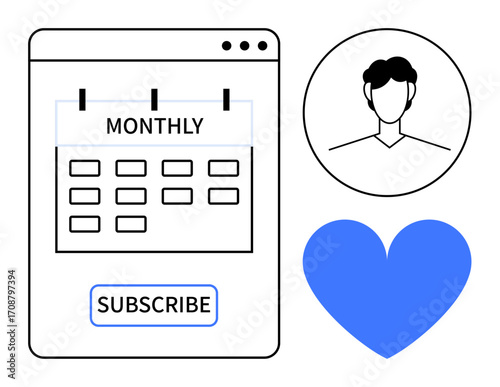 Calendar with Monthly label, subscribe button, user profile icon, and blue heart. Ideal for subscriptions, planning, user engagement, support, relationships customer loyalty simple landing page