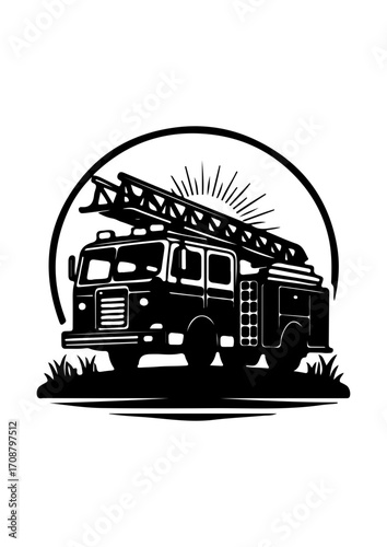 Fire Truck Silhouette with Sunburst