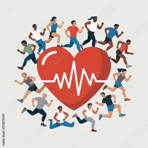 Diverse group of people running around a large red heart with a heartbeat line