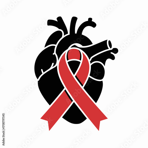 Red ribbon on black heart symbolizing heart health awareness
