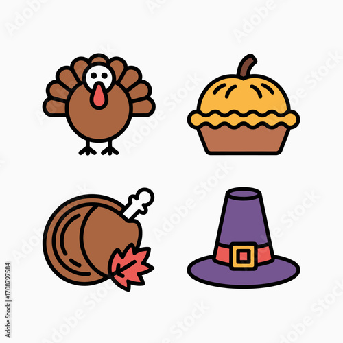 Thanksgiving icons featuring turkey pie hat and drumstick