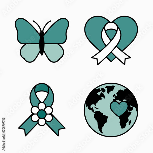 Set of four teal awareness symbols including a butterfly heart ribbon and earth