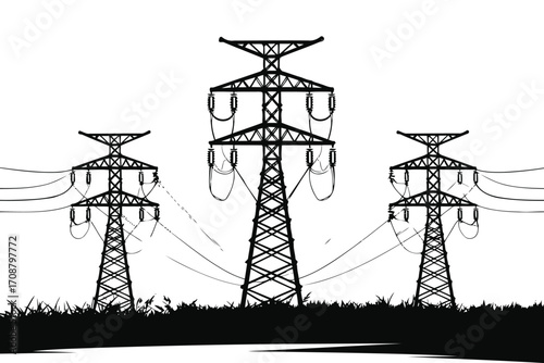 Modern electrical transmission tower vector, High voltage pylon and power line illustration, Industrial energy grid design, Utility tower silhouette and icon