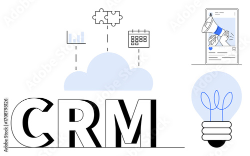 CRM letters surrounded by a cloud, graphs, puzzle, calendar, smartphone with a megaphone, and a light bulb. Ideal for customer management, teamwork, coordination strategy marketing innovation