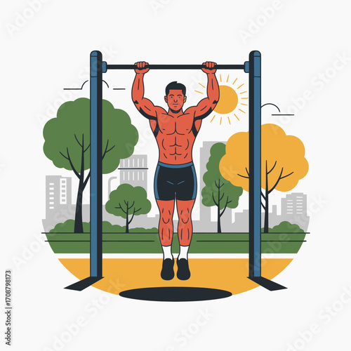 Muscular man performing a pull up exercise on an outdoor fitness bar