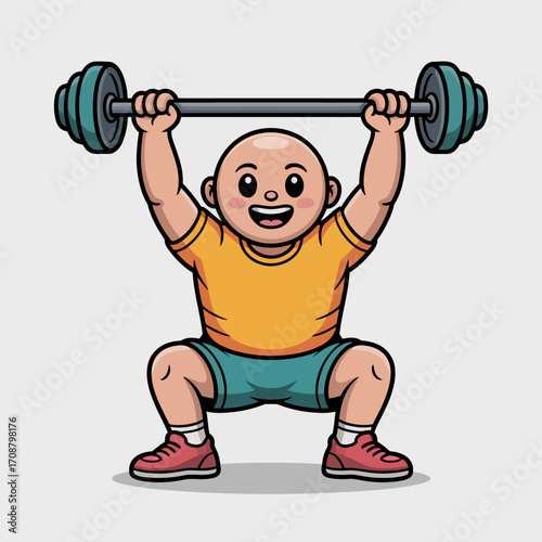 Happy baby doing a barbell squat exercise with weights