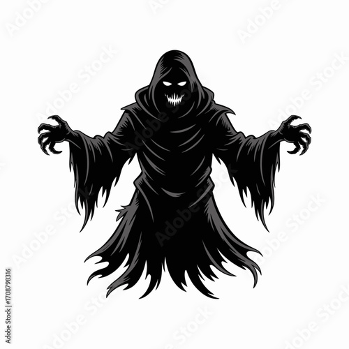 Fearsome grim reaper ghostly figure with glowing eyes and sharp claws