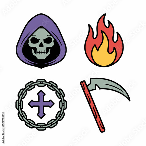 Grim reaper skull fire cross and scythe icons