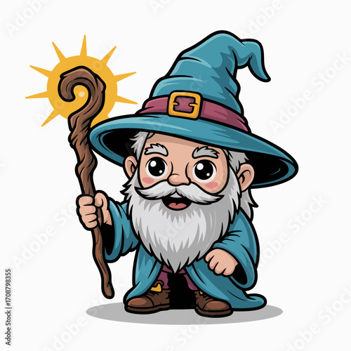 Cute cartoon wizard with staff and magic sun