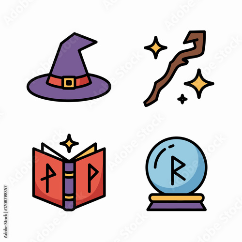 Magical icons set featuring witch hat spellbook crystal ball and wand