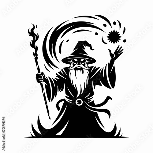 Mysterious wizard casting spell with staff and magic orb