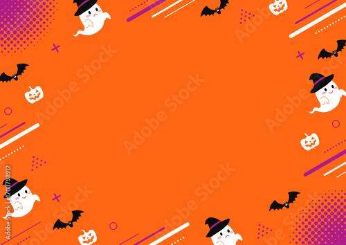 ハロウィンのお化けと幾何学模様のオレンジ背景のフレームのイラスト
