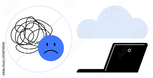 Depressed face next to chaotic scribbles encircled and crossed out, laptop beneath cloud shape. Ideal for mental health, technology, productivity, clarity, online tools, stress relief, simple flat