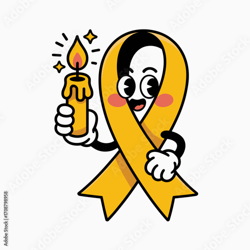 Cartoon yellow ribbon character holding a lit candle with a happy expression